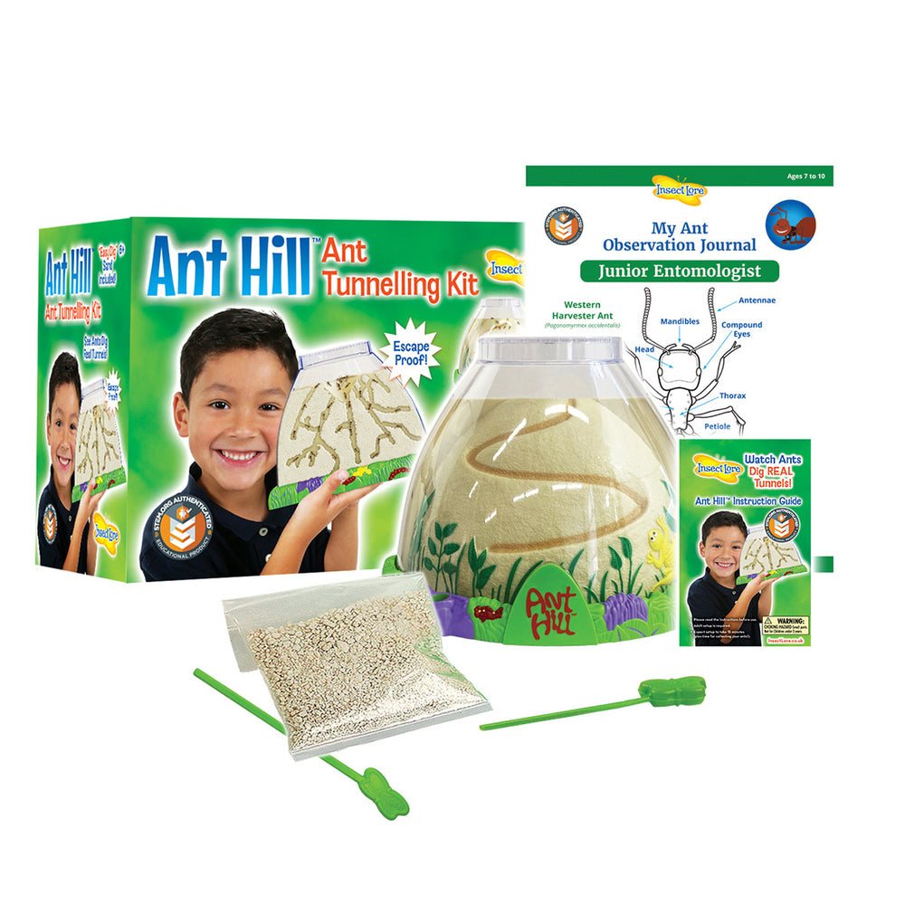 Ant Hill kit, showing a habitat, paper observation journal, packet of sand, pipette, sand rod and instruction guide