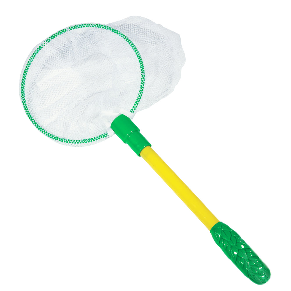 Compact Butterfly Net out og packagaing. Twist apart the handle for easy storage. Makes Butterfly and Bug catching a breeze. Yellow and Green.