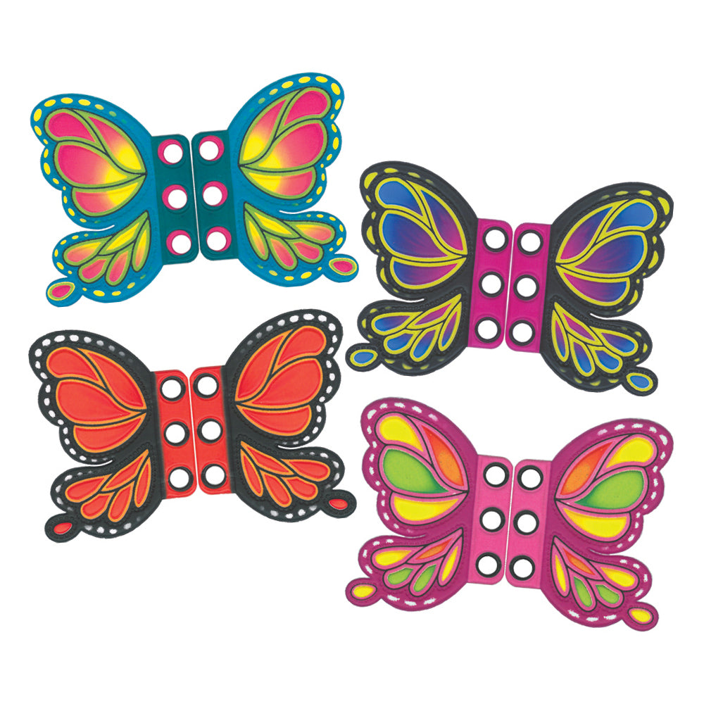Lace Wings colour variations out of Packaging; 1. Clack and Red, 2. Pink, Yellow and Orange, 3. Light Blue, Pink and Yellow. 4. Black Blue and Purple.