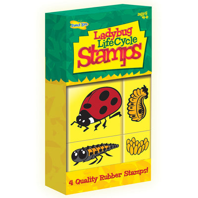 Ladybird Lifecycle Stamps in packaging. 4 stamps with each stage of the ladybird lifecycle. Cartoon drawings. 