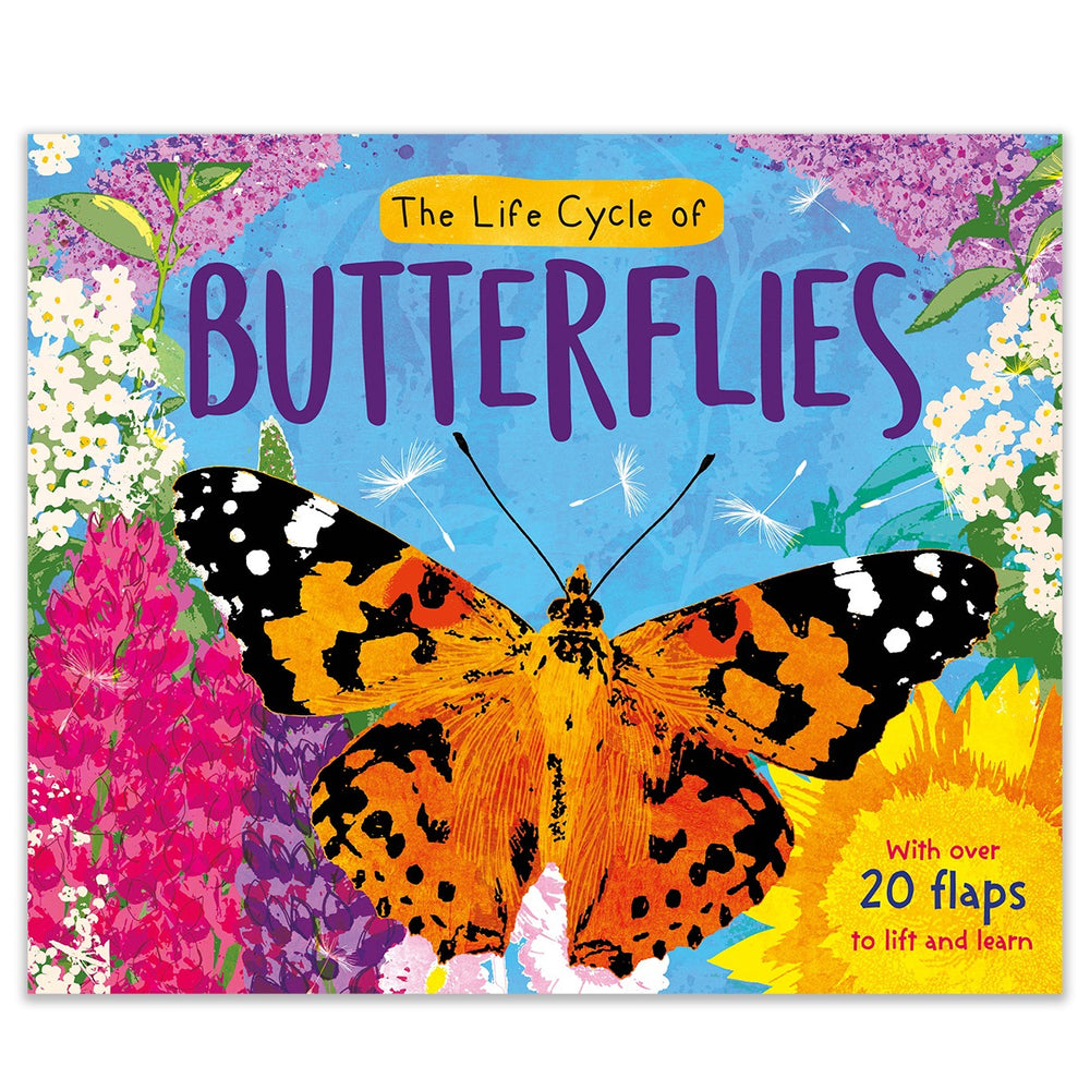 Brightly coloured front page of The Life Cycle of Butterflies lift-the-flap book showing the Painted Lady Butterfly surrounded by flowers.
